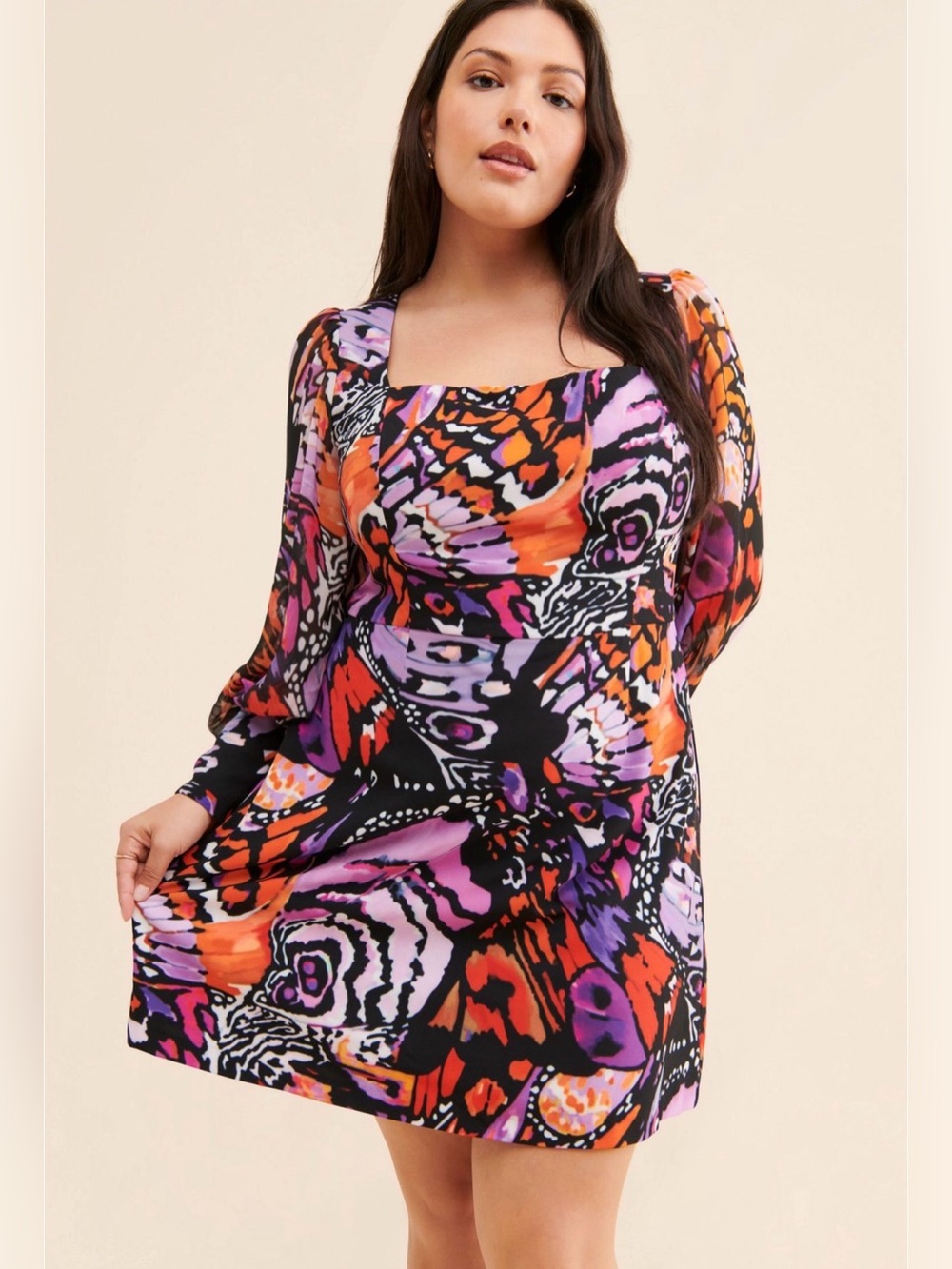 Anthropologie Hutch Elaine Multi Butterfly-Print Long Sleeve Mini Dress